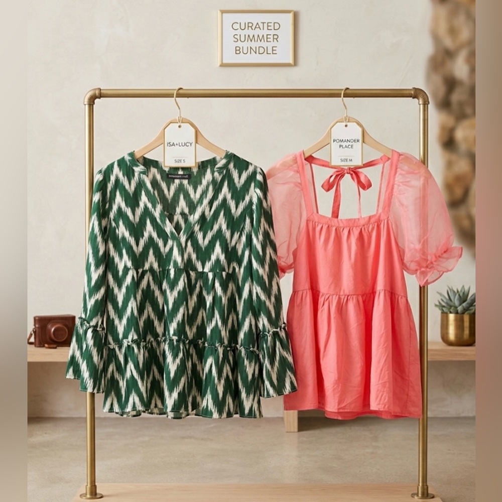 BUNDLE of 2 Tuckernuck Pomander Place Green Ikat & Pink Tinsley Tops Size S